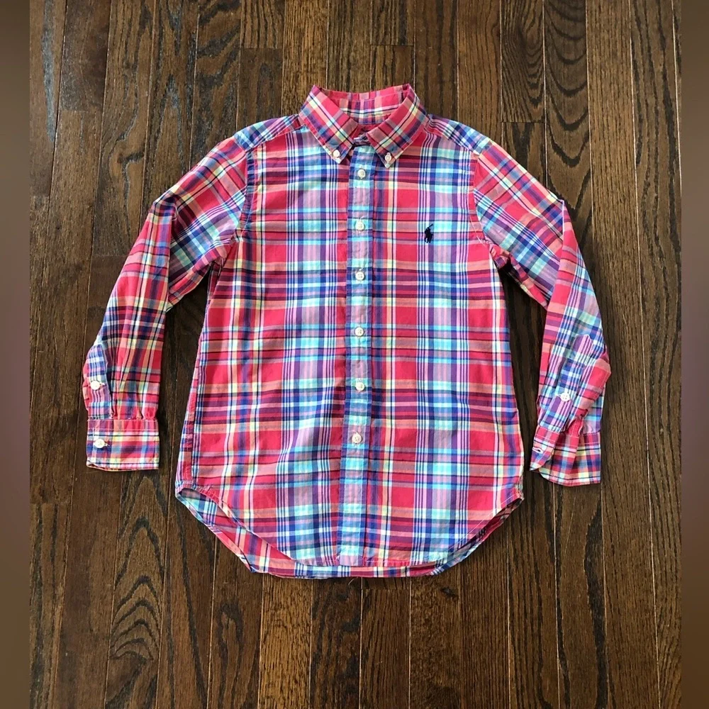 Polo Ralph Lauren Boys 8 Pink/Red/Blue Plaid Button Down Collared Shirt - EUC!